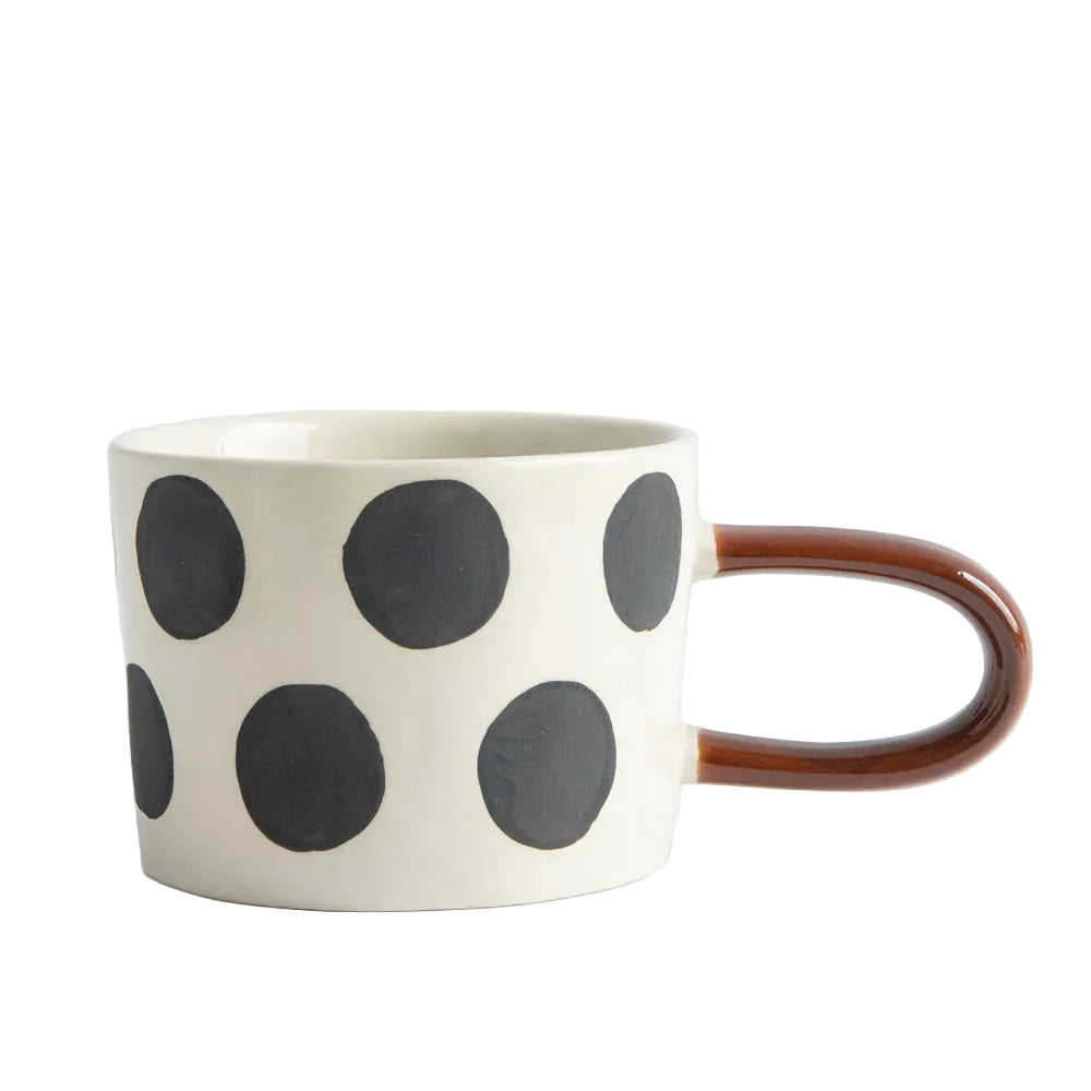 Caroline Gardner Mono Scattered Dots Mug with black and white dot pattern, perfect for gifting or everyday use.