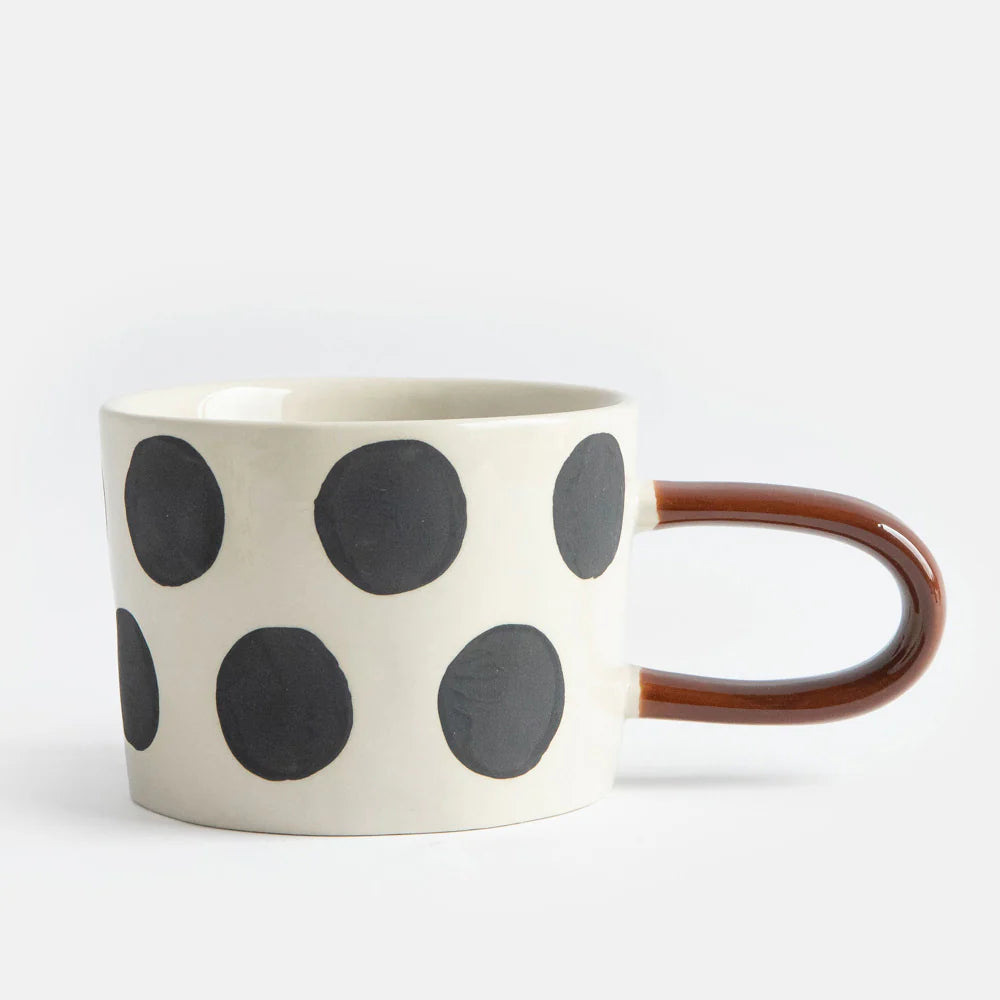 Caroline Gardner Mono Scattered Dots Mug with black and white dot pattern, perfect for gifting or everyday use.