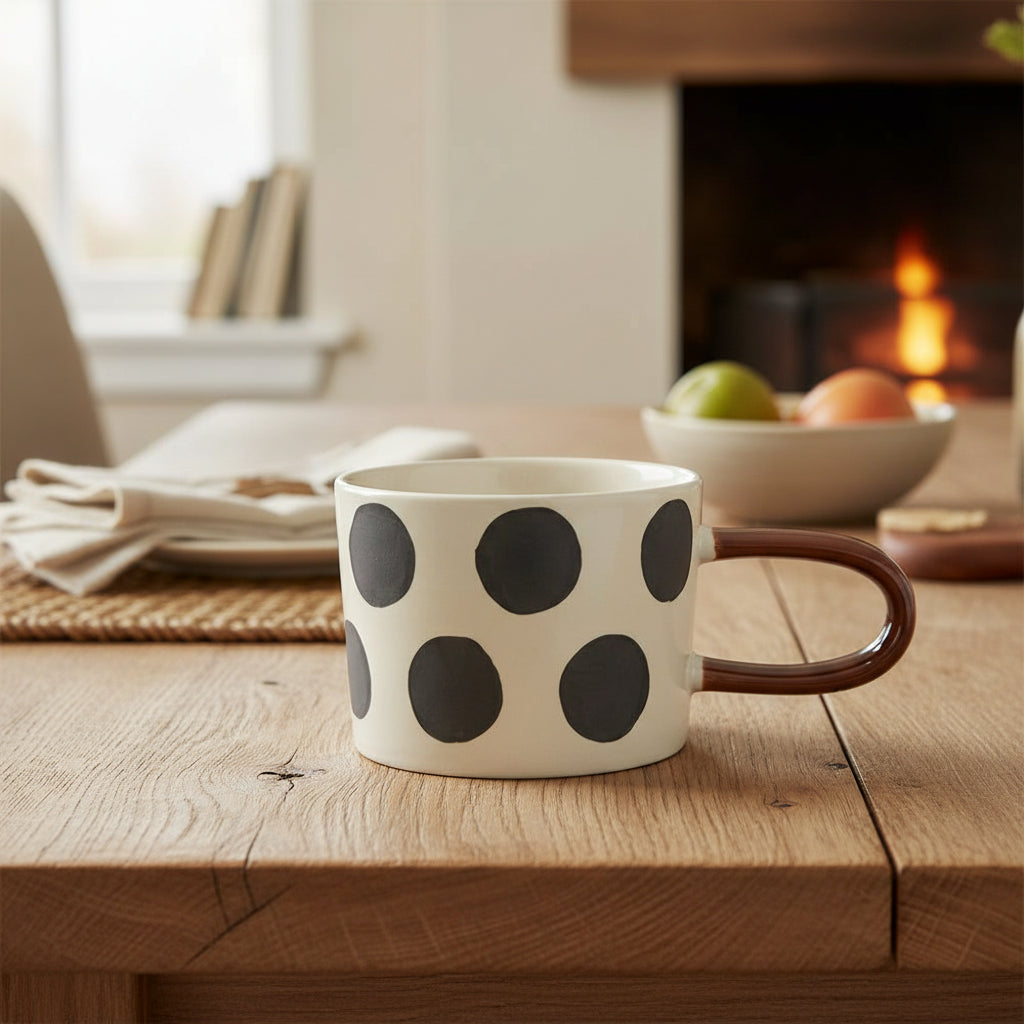 A ceramic coffee mug with a white body, large hand-painted black polka dots, and a glossy brown handle, shown against a plain white background.