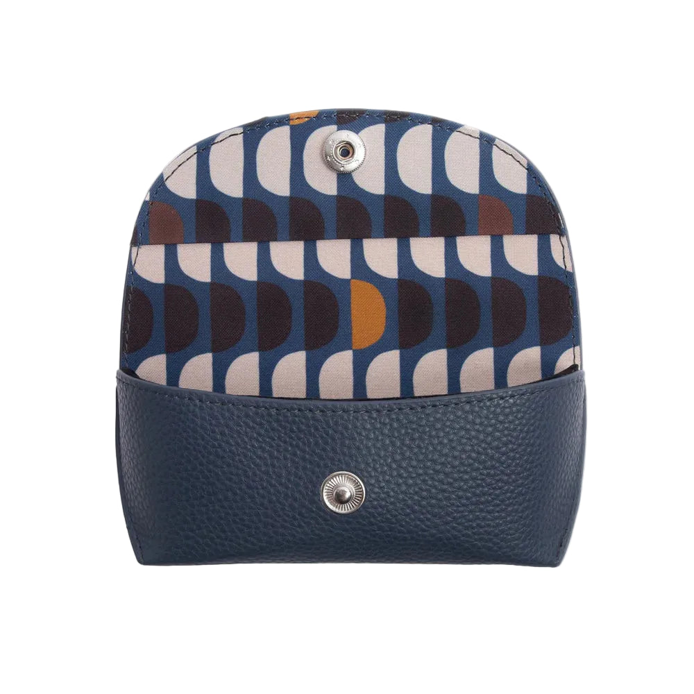 Caroline Gardner navy flap glasses case with decorative pattern, designed for protecting and storing eyeglasses.
