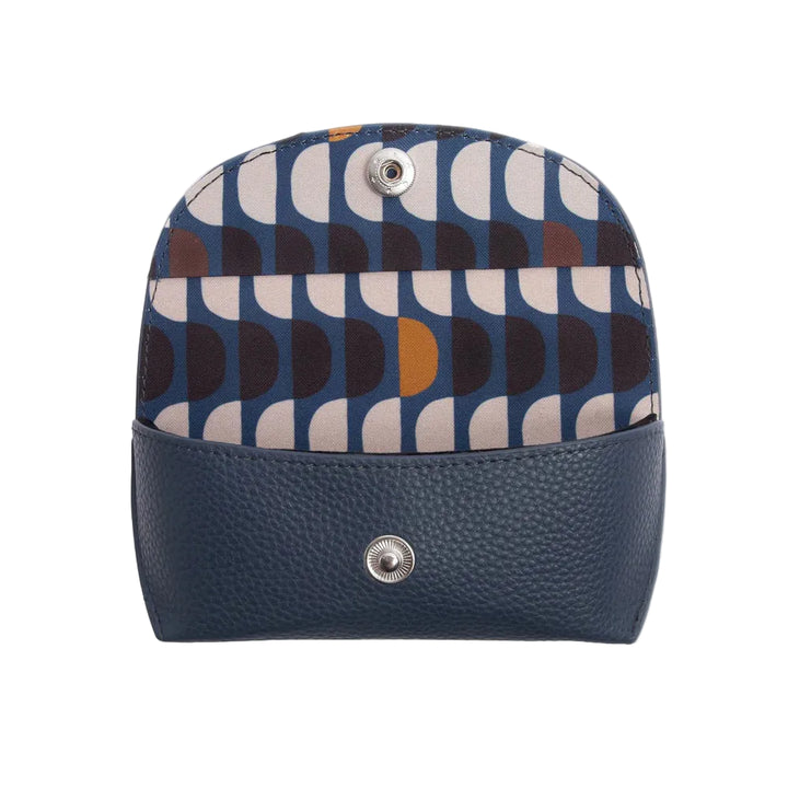 Caroline Gardner navy flap glasses case with decorative pattern, designed for protecting and storing eyeglasses.