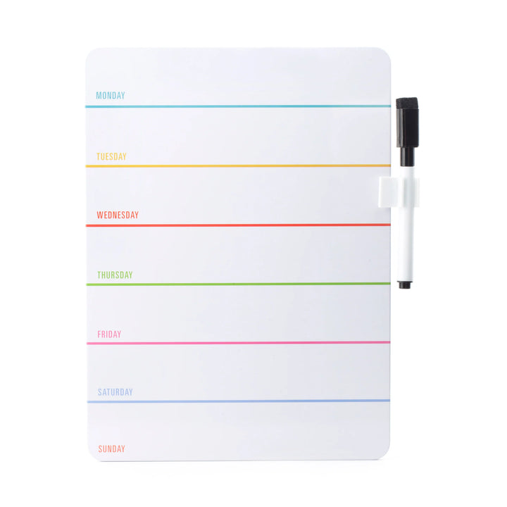 Kikkerland Daily Dry Erase Board with weekly planner layout, featuring a sleek white surface and colorful marker sections.
