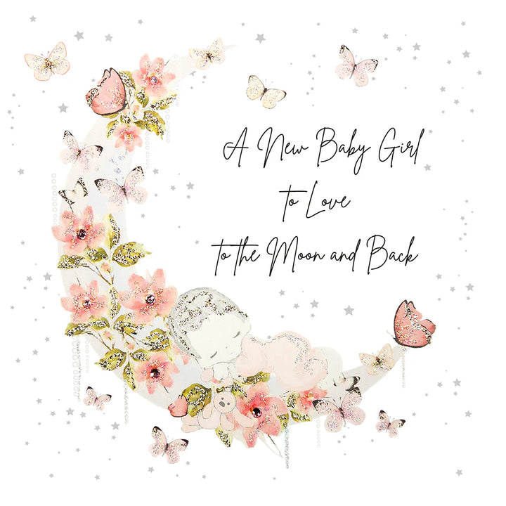 New baby girl card from Five Dollar Shake featuring colorful, whimsical illustrations for celebrating a newborn girl.