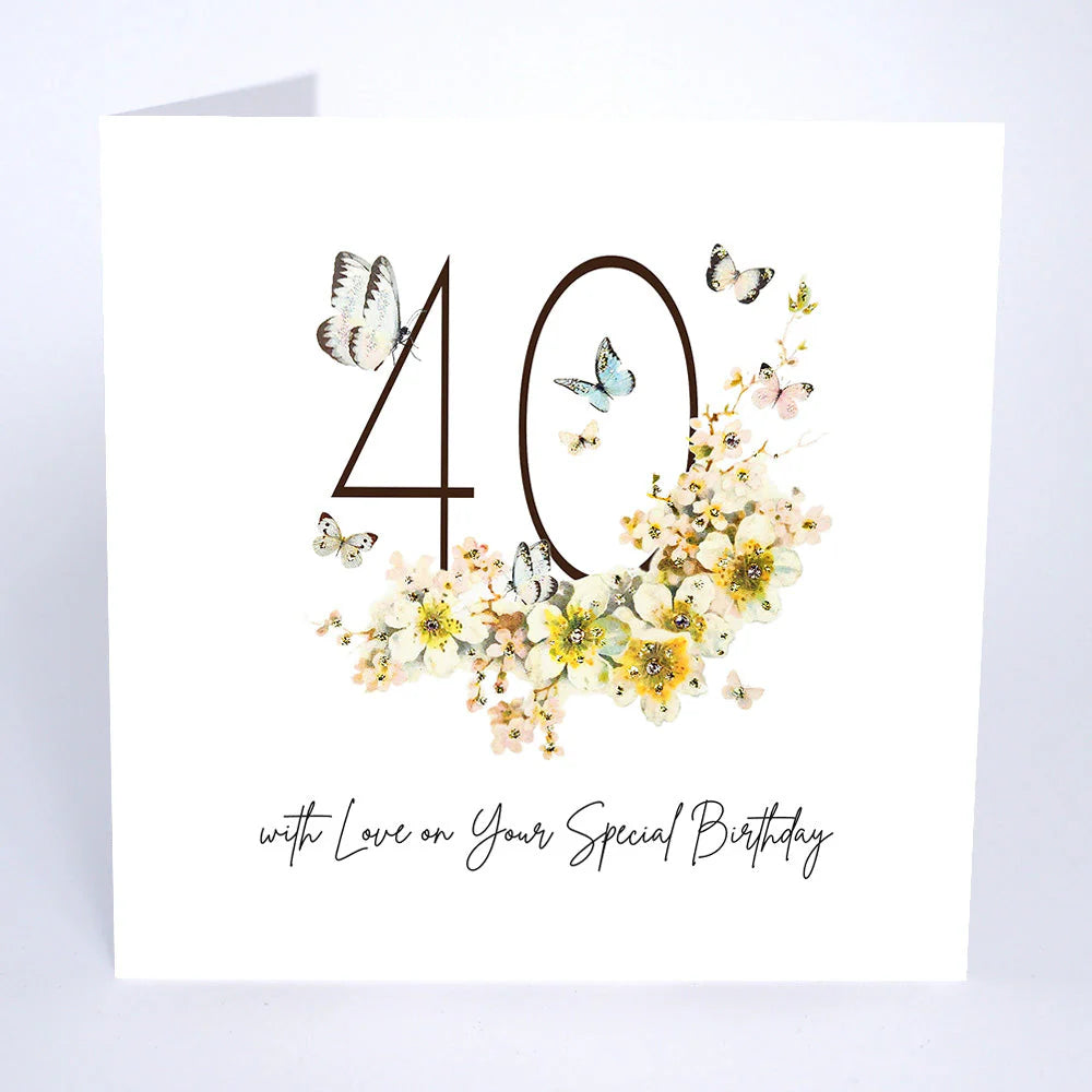Five Dollar Shake birthday card from Cornucopia Home and Gift with "40 With Love" message and colorful floral design.