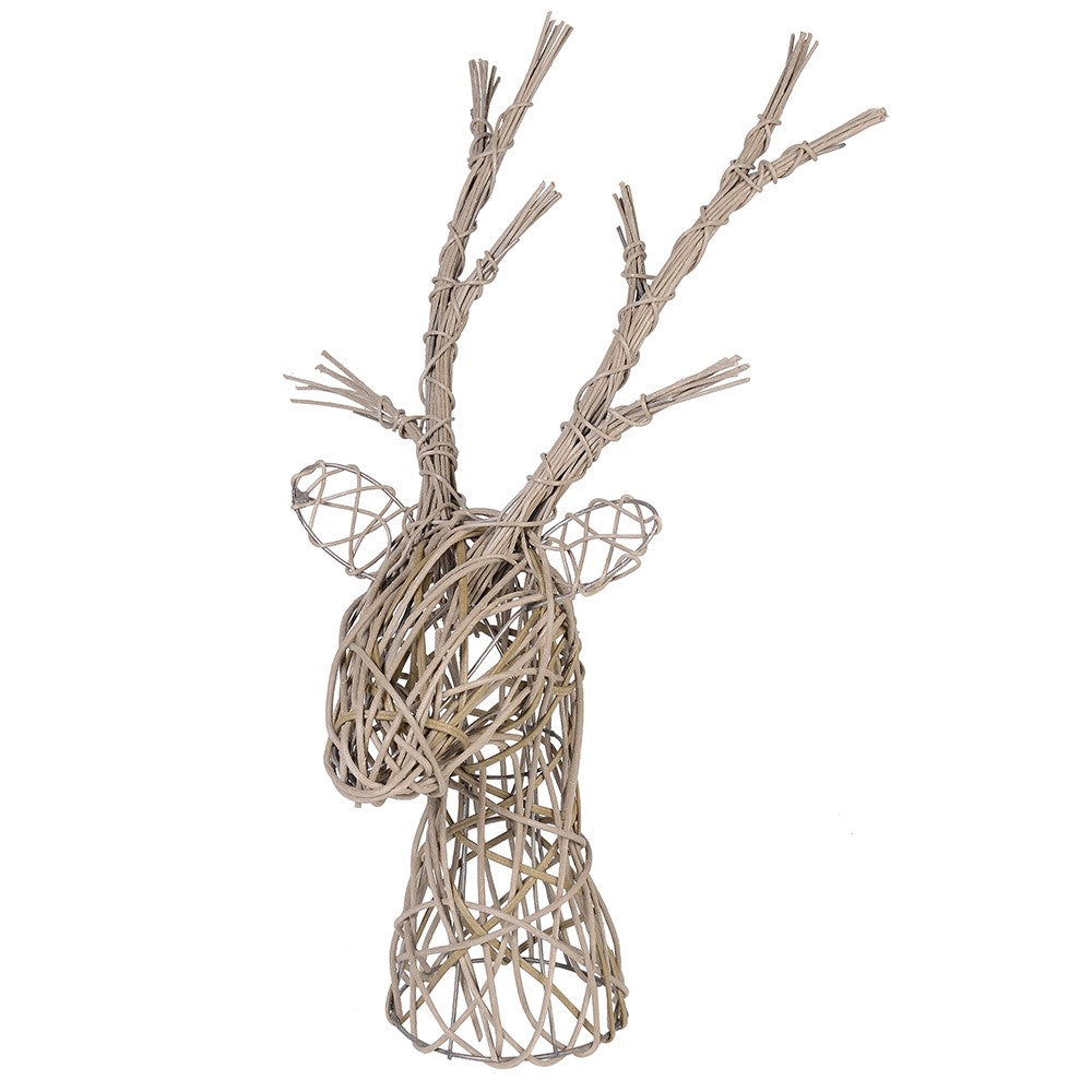 Rattan deer head decor for Christmas, handcrafted by Cornucopia Home and Gift, featuring natural woven rattan with antler details.