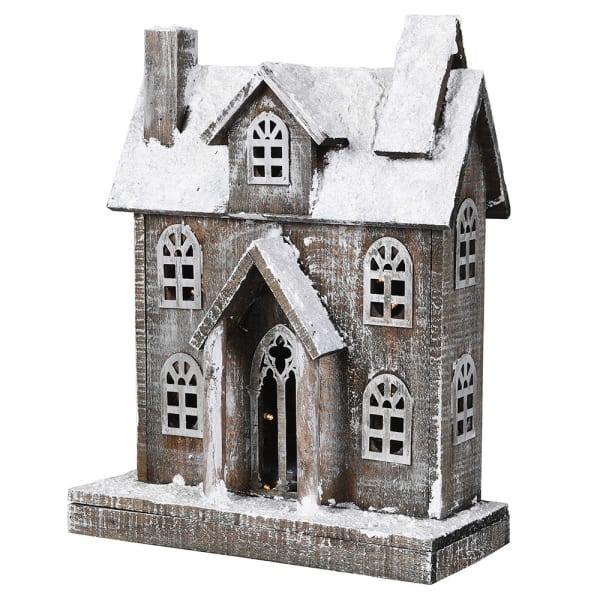Large Frosted Wood Lit Cabin from Cornucopia Home and Gift, a cozy Coach House Christmas ornament with illuminated windows.