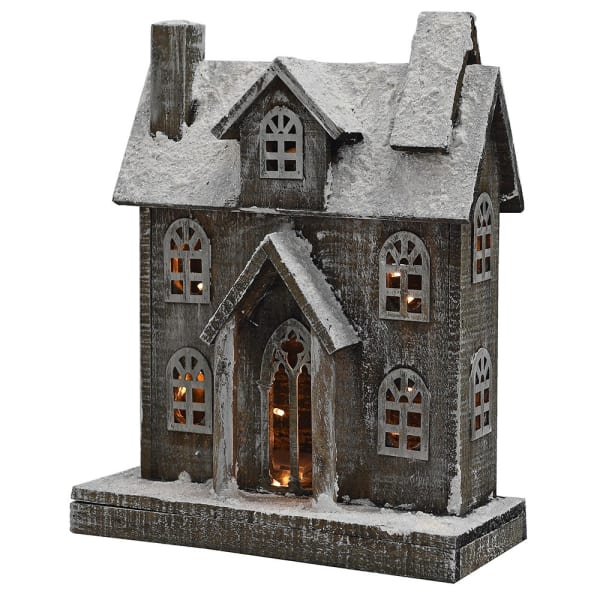 Large Frost wood lit cabin from Cornucopia Home and Gift, cozy coach house Christmas decor with illuminated wintry scene.