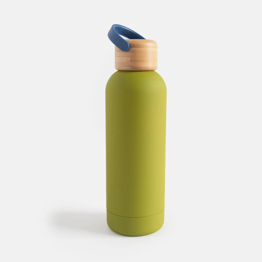 Green metal water bottle featuring Caroline Gardner's gift design, ideal for staying hydrated on the go.