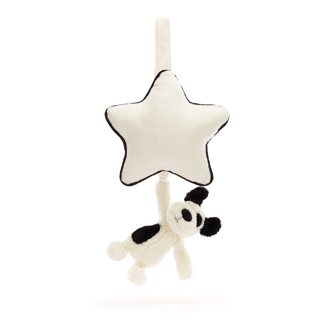 Soft Jellycat Bashful Black and Cream Puppy musical pull toy with floppy ears and embroidered face, perfect for babies and toddlers.