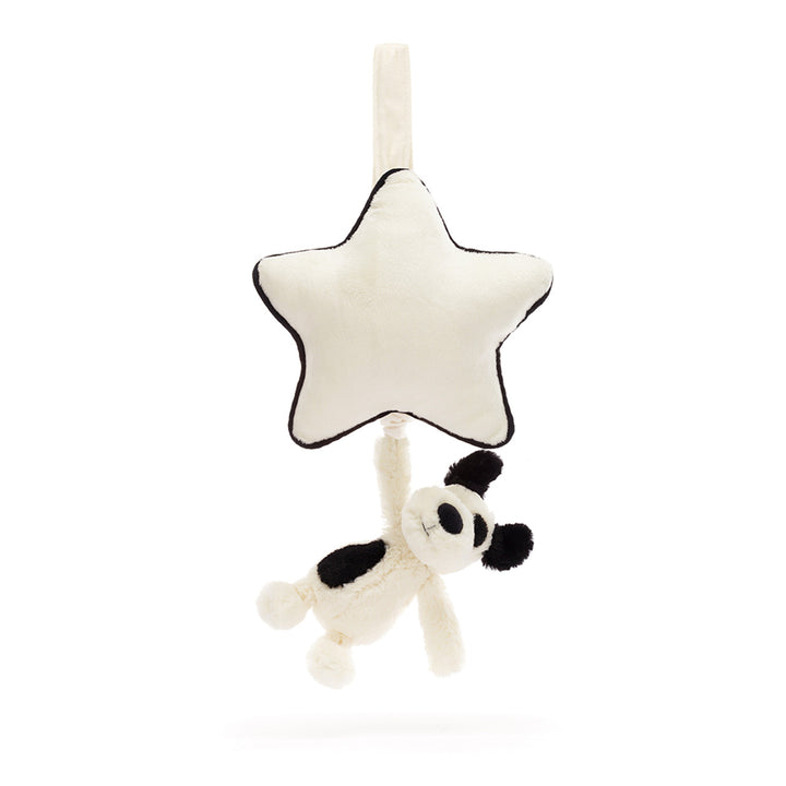 Soft Jellycat Bashful Black and Cream Puppy musical pull toy with floppy ears and embroidered face, perfect for babies and toddlers.