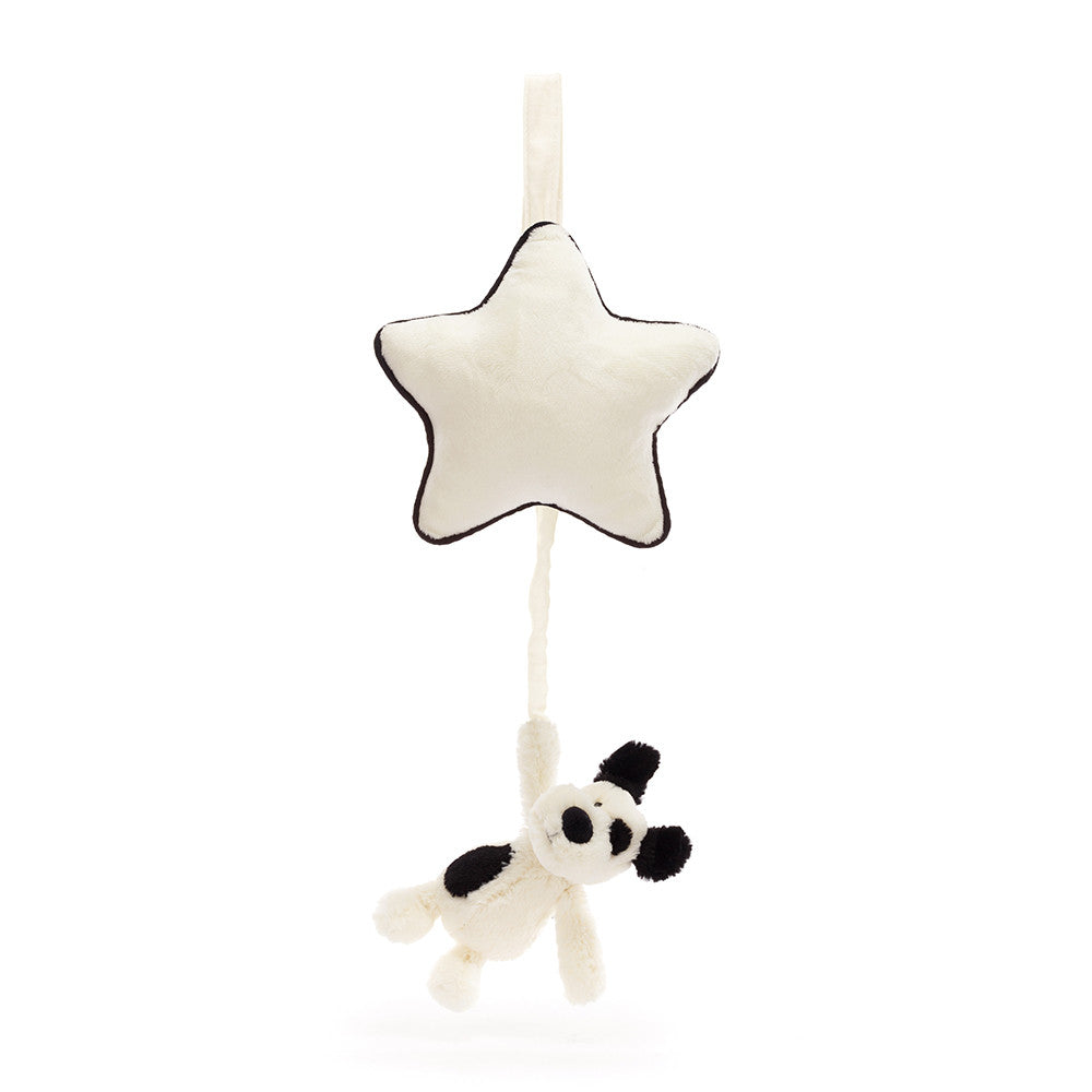 Jellycat Bashful Black & Cream Puppy musical pull toy with soft plush fur and floppy ears, suitable for babies and toddlers.