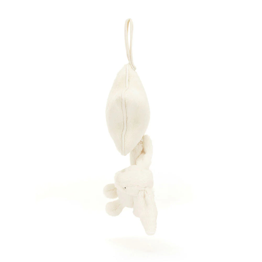 Jellycat Bashful Cream Bunny Musical Pull toy with soft plush fur and hanging pull cord, designed for young children.