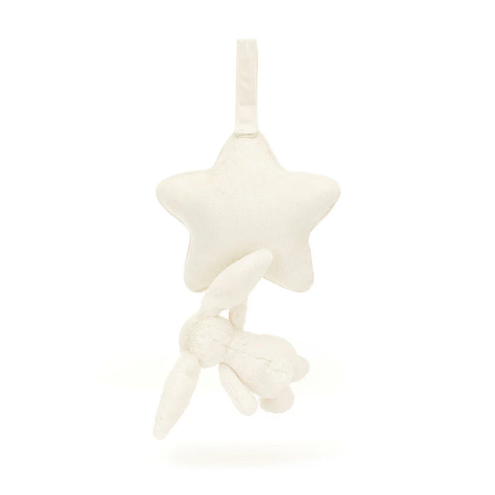 Jellycat Bashful Cream Bunny Musical Pull toy with soft plush fur and embroidered facial features, designed for infants.