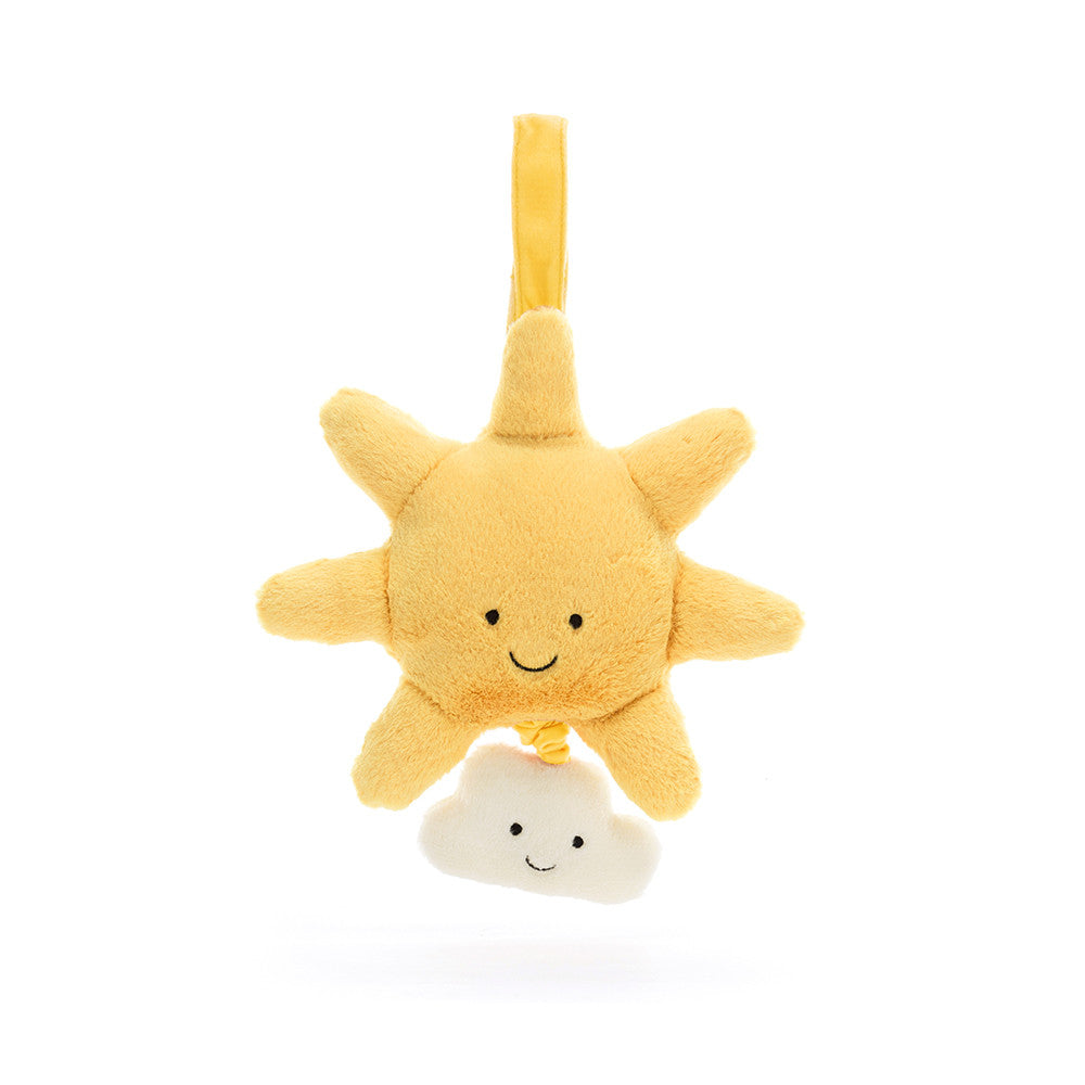 Jellycat Amuseables Sun musical pull toy with a soft, plush sun character and a fabric loop for pulling, designed for children.