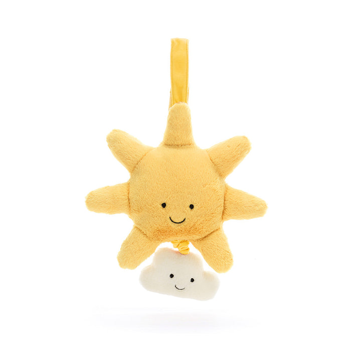 Jellycat Amuseables Sun musical pull toy with a soft, plush sun character and a fabric loop for pulling, designed for children.