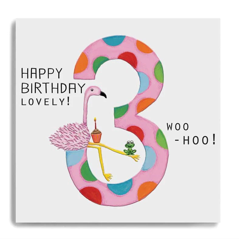 Happy Birthday Lovely! – 3 – Woo Hoo! – Large Stripey Pink 3 with Flamingo Card