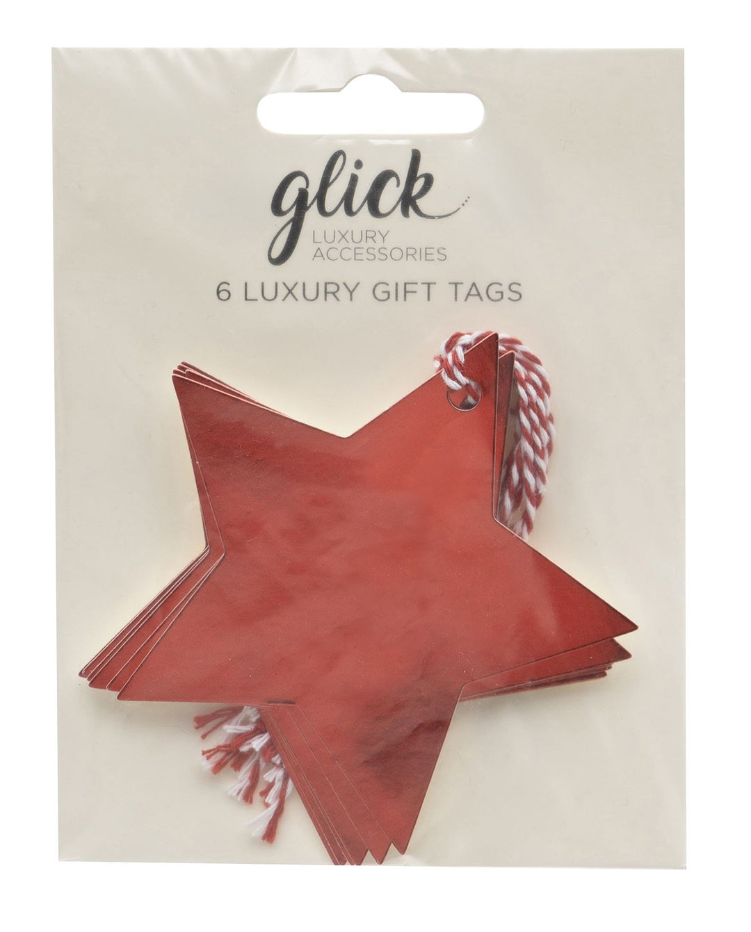 Red foil star tags in a multipack from Glick by Cornucopia Home and Gift, displayed with shiny, metallic finish.