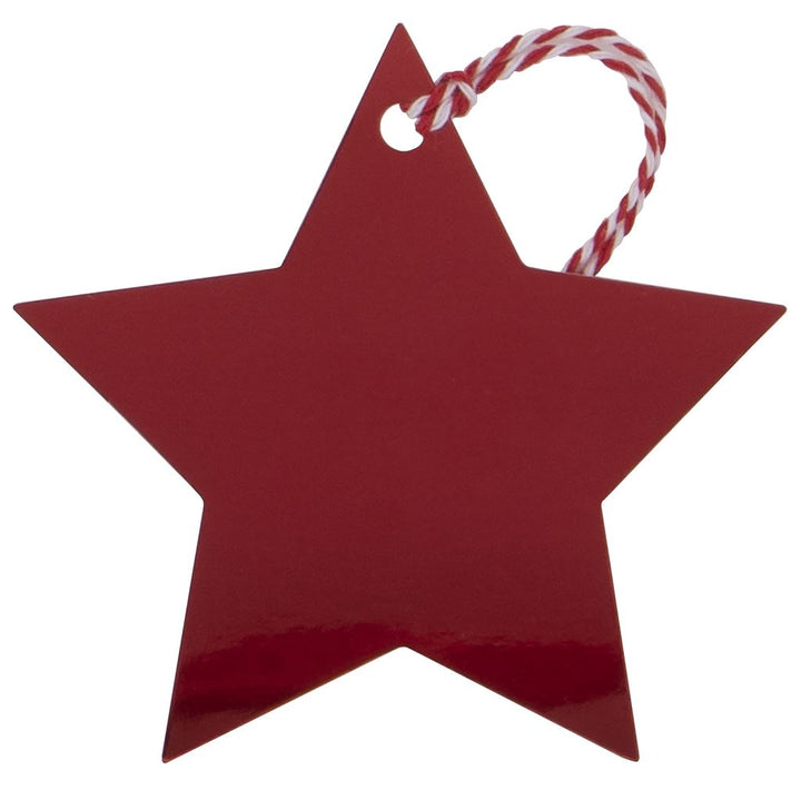 Red star-shaped foil tags from Glick multipack by Cornucopia Home and Gift, displayed on white background.