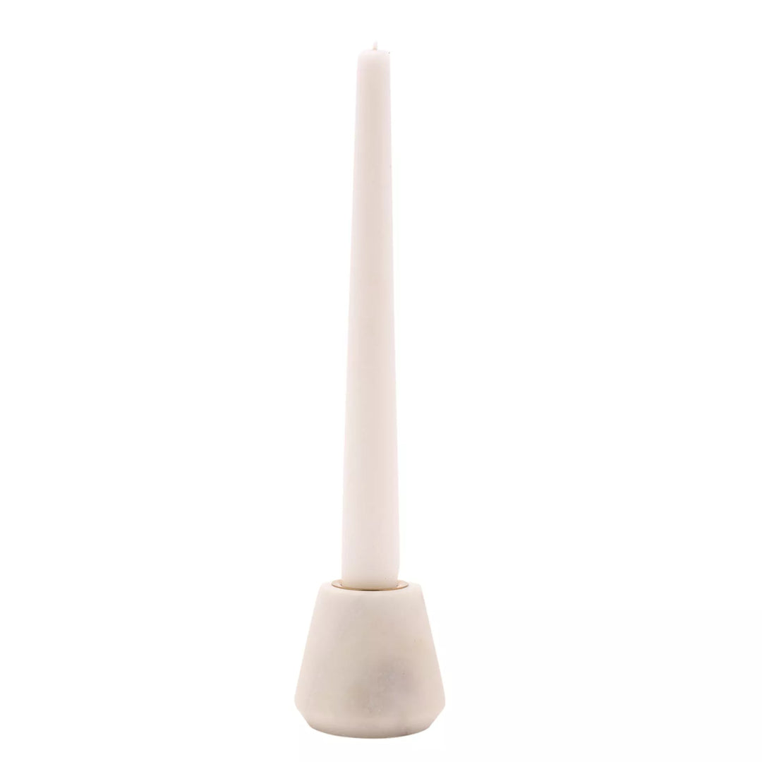 White marble candle holder by Widdop &amp; Co, featuring a smooth, polished surface with a wide base and a central cavity for candles.