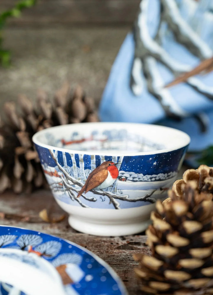 Emma Bridgewater Midnight Robin small Old Bowl with festive robin bird and midnight blue background, perfect for Christmas decor.
