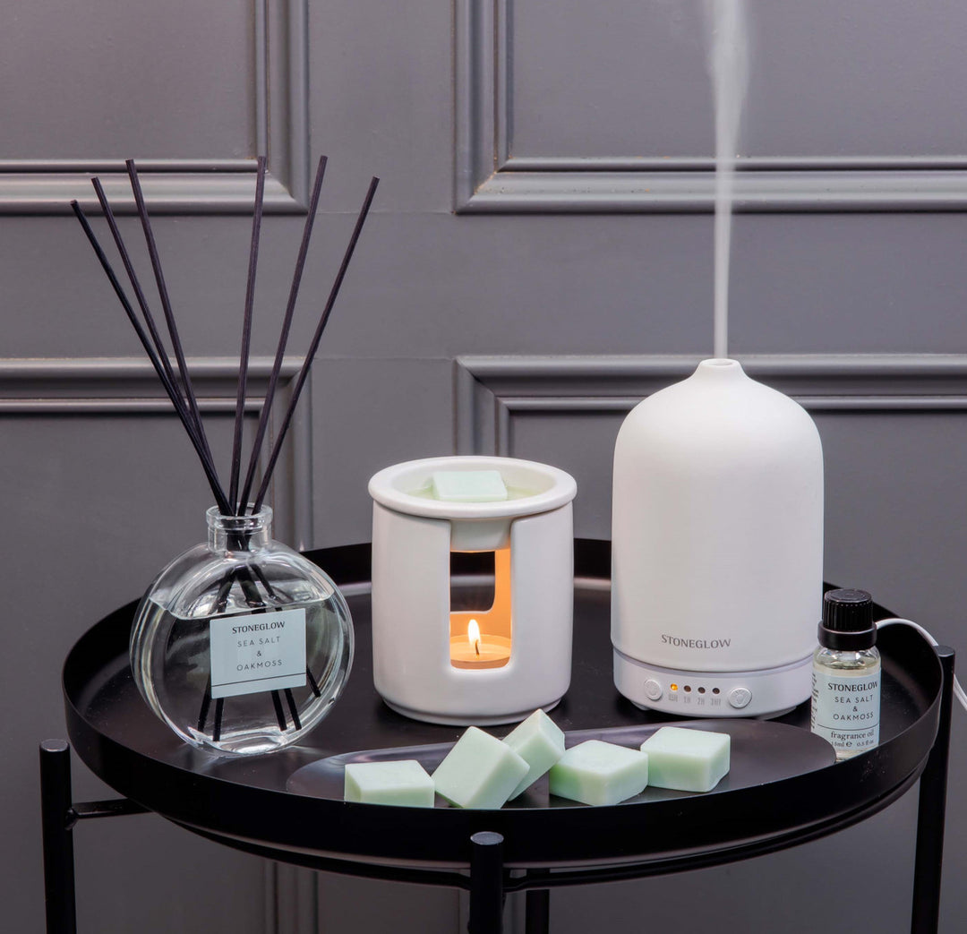 Stoneglow Modern Classics Sea Salt and Oakmoss Reed Diffuser in 120ml bottle with stylish design and diffuser reeds.