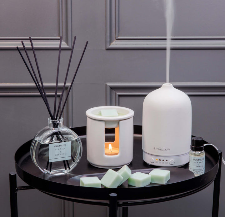 Stoneglow Modern Classics Sea Salt and Oakmoss Reed Diffuser in 120ml bottle with stylish design and diffuser reeds.