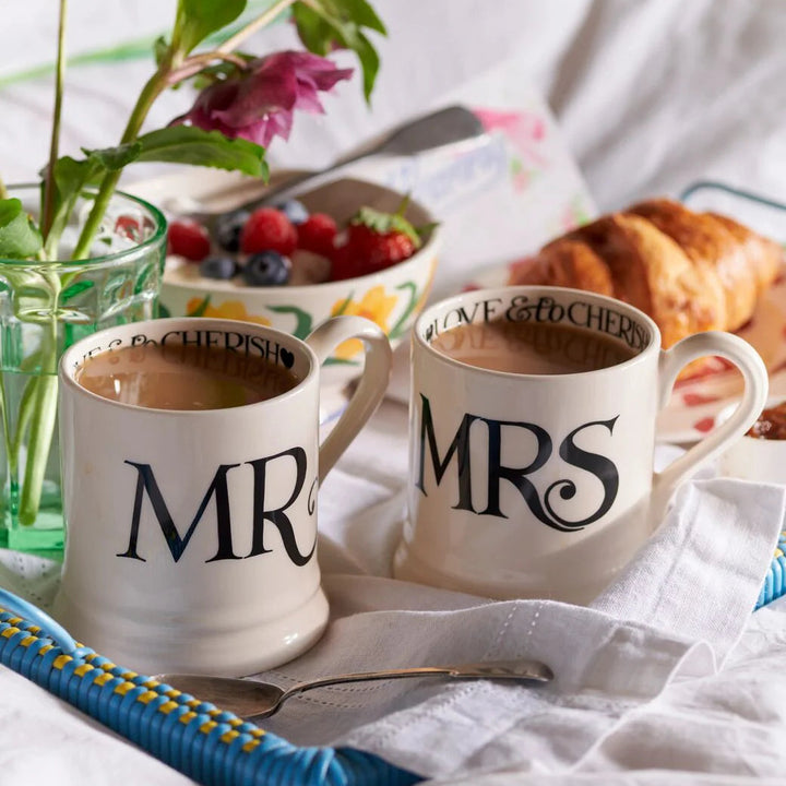 Emma Bridgewater Black Toast Mr &amp; Mrs set of two half pint mugs with boxed packaging, featuring classic black and white toast designs