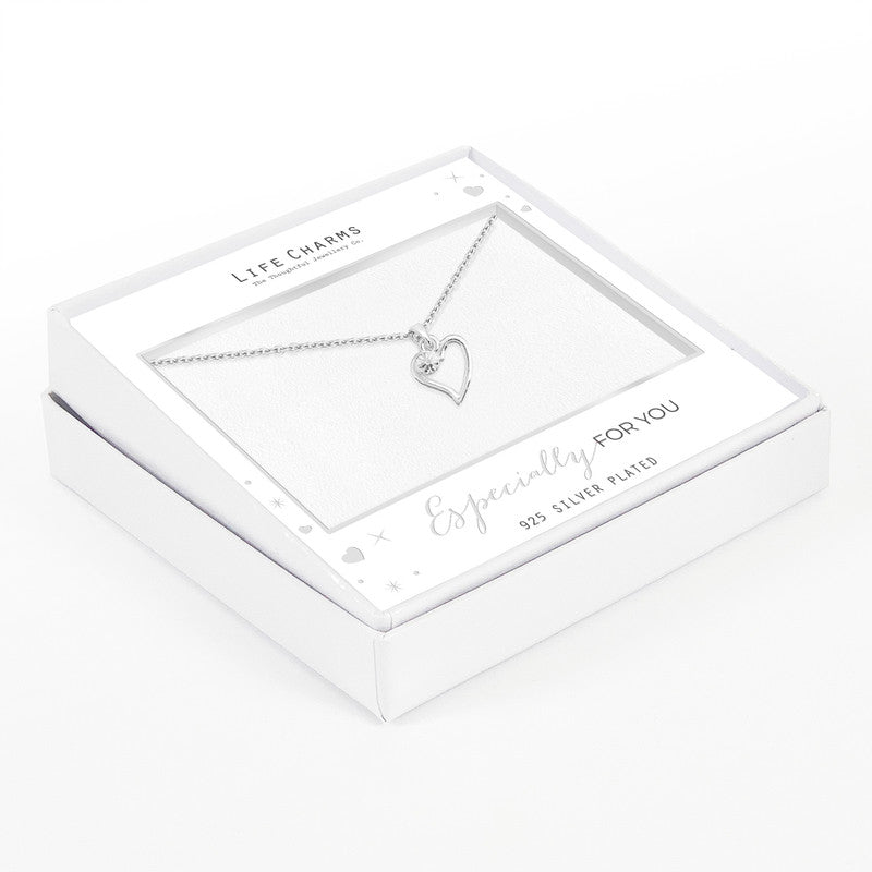 Open heart necklace with zirconia stone charm from Life Charms by Cornucopia Home and Gift, featuring a delicate silver-tone design.