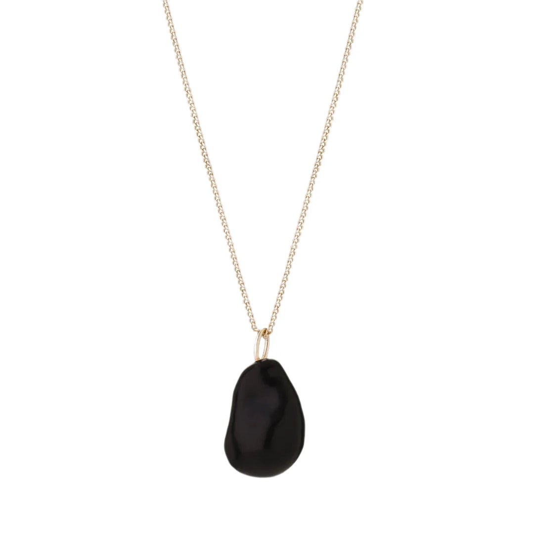 Black enamel Portobello necklace by Tutti & Co featuring a detailed mushroom pendant on a delicate chain.