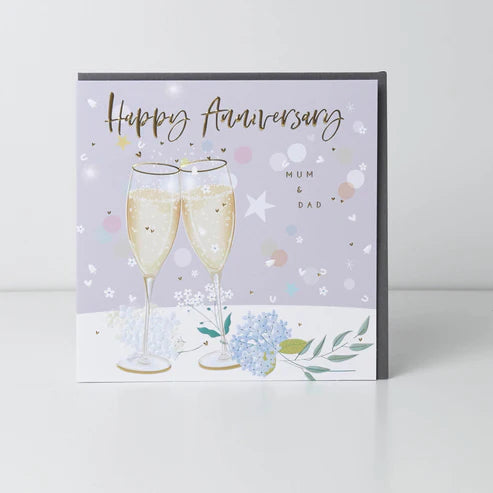 Belly button-shaped glass card for anniversary, featuring "Happy Anniversary Mum & Dad" message, from Cornucopia Home and Gift.