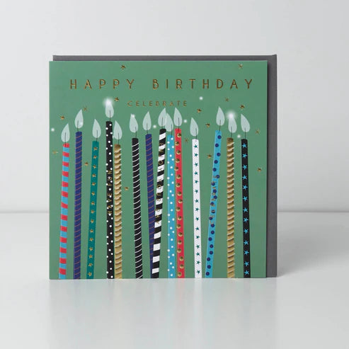 Belly button birthday candles card by Cornucopia Home and Gift featuring colorful birthday candles design.