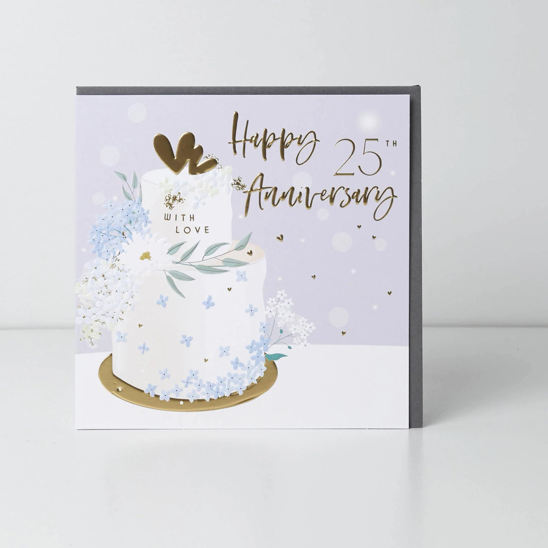Silver Anniversary Cake Card with belly button design by Cornucopia Home and Gift, featuring elegant silver details and festive decoration.