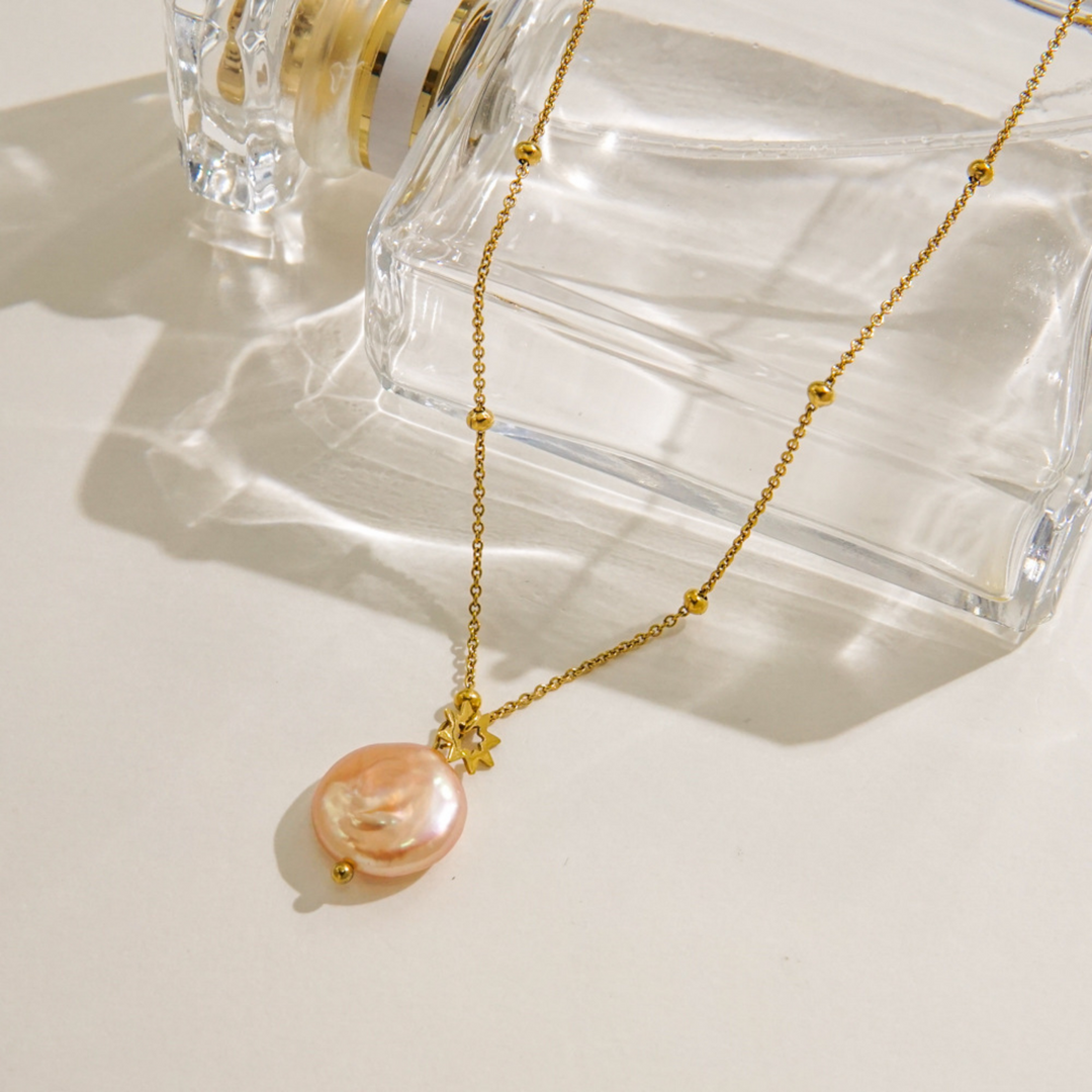 Gold Ball Chain Necklace with Freshwater Pearl Star Detail
