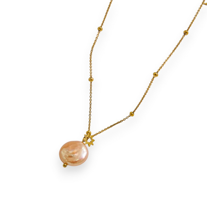 Gold Ball Chain Necklace with Freshwater Pearl Star Detail