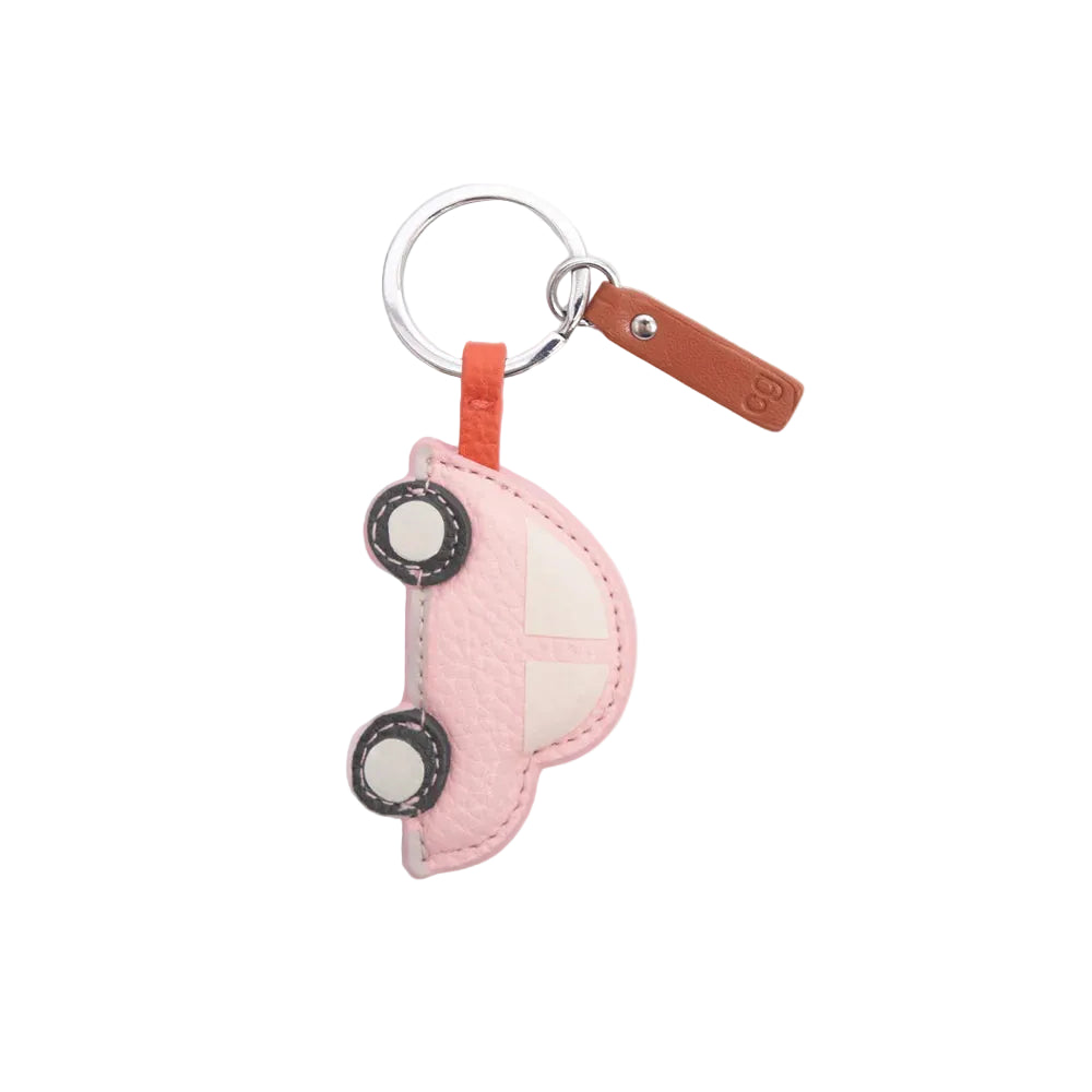 Pink car-shaped keychain with a brown strap on a white background