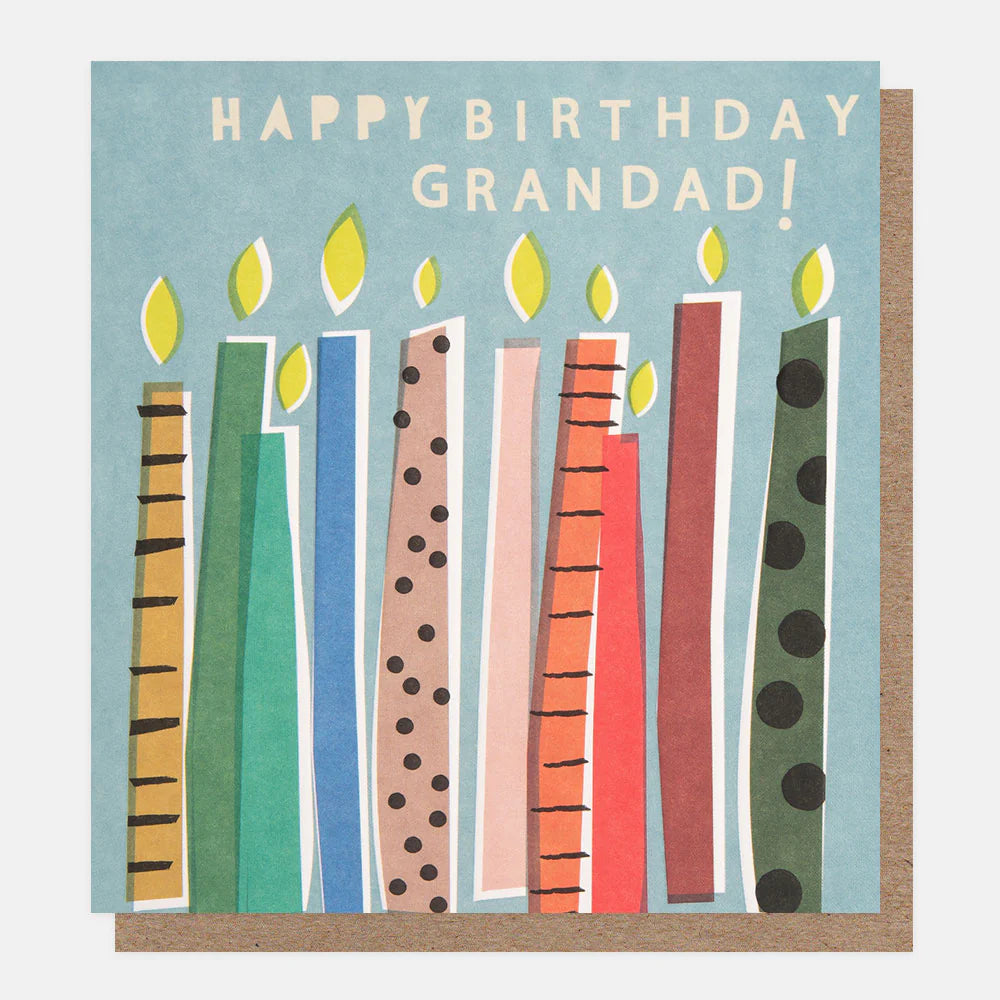 Caroline Gardner Happy Birthday Grandad candles with colorful birthday designs on a white background