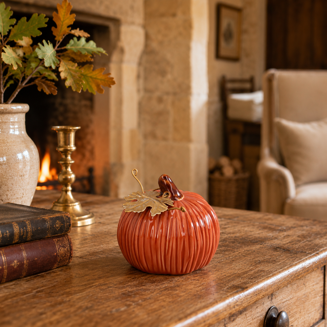 Orange Stoneware Mini Pumpkin Ornament with Gold Leaf