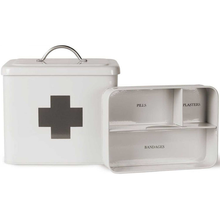 Garden Trading Original First Aid Box in clay with a vintage-style metal container and labeled first aid kit inside.