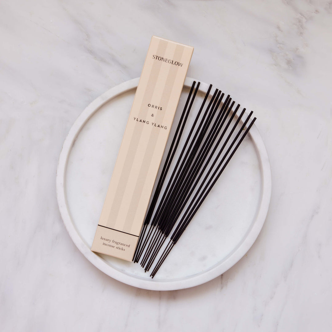 Stoneglow Modern Classics Orris and Ylang Ylang incense sticks pack of 30 with floral, aromatic scent and elegant packaging.