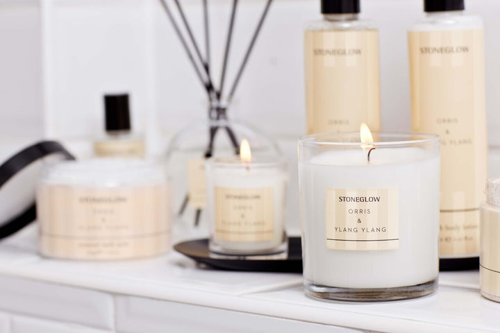 Stoneglow Modern Classics Oris and Ylang Ylang candle in a stylish jar, with a modern design and floral scent.