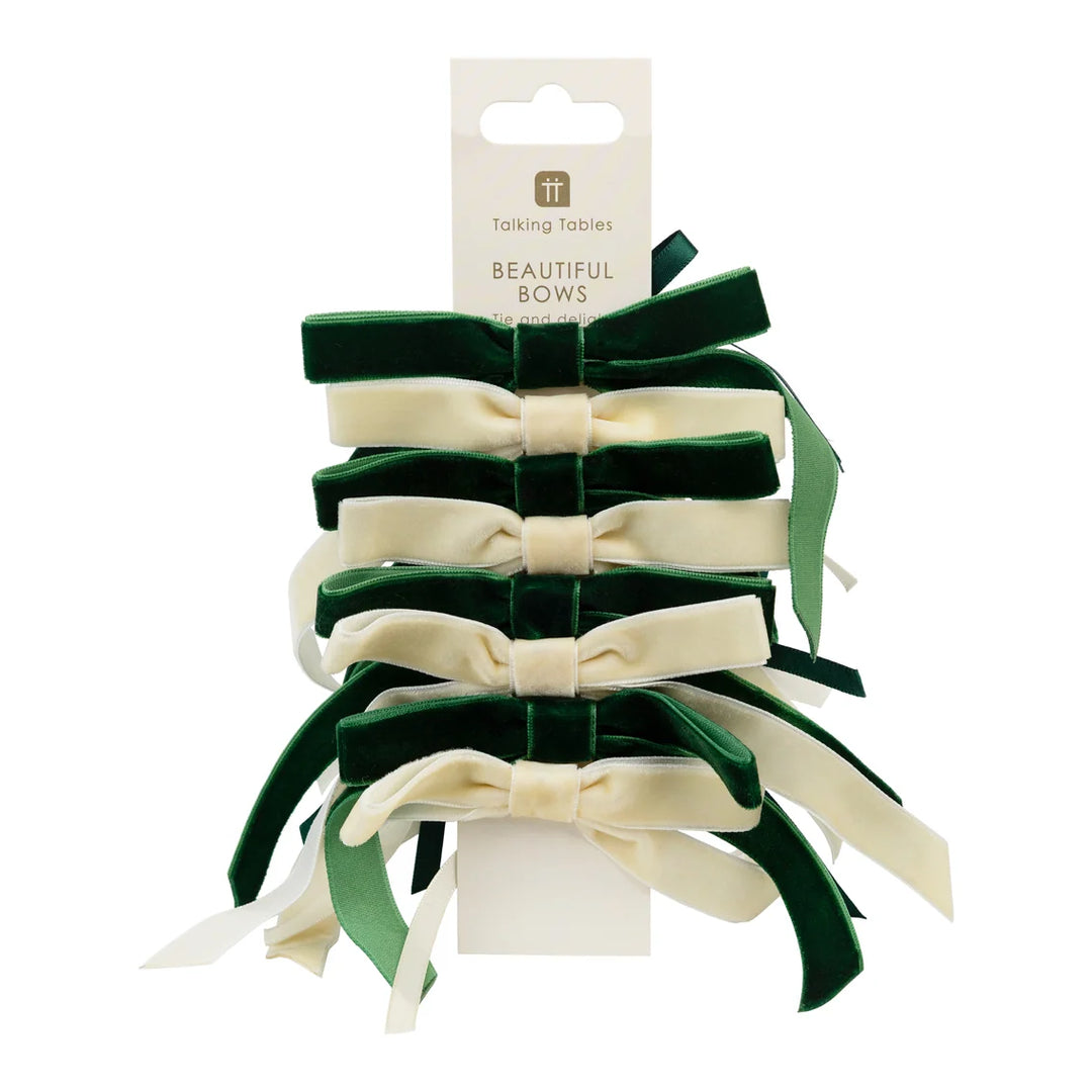 Green &amp; Cream Velvet Bows - Pack of 8