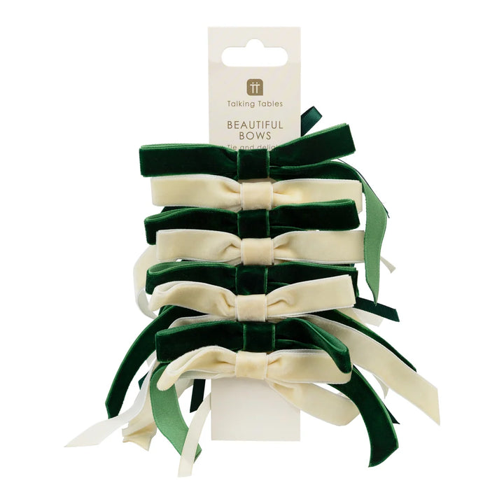 Green &amp; Cream Velvet Bows - Pack of 8