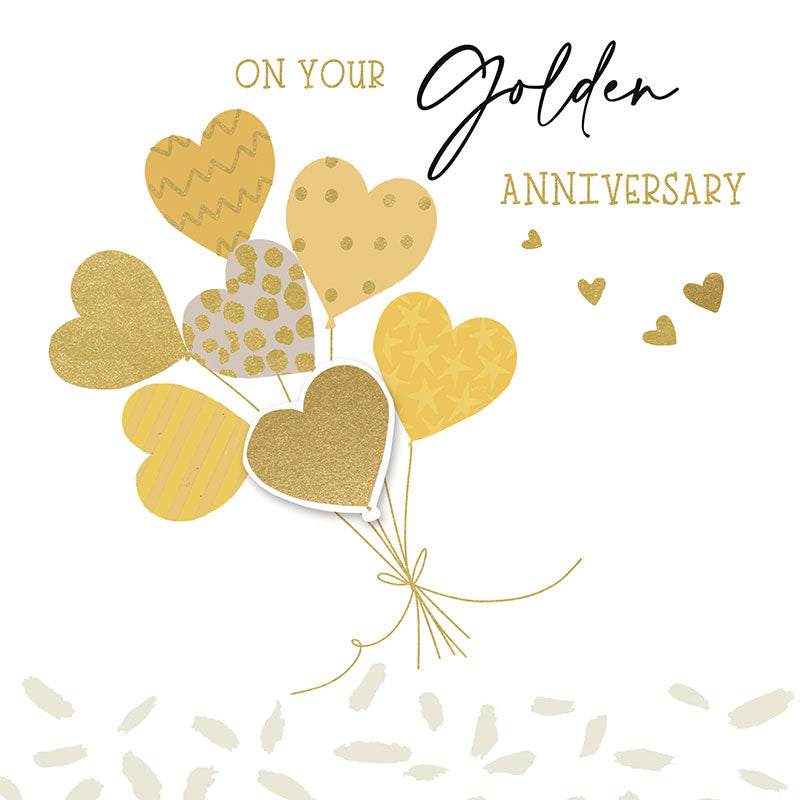Golden Anniversary Card by Hammond Gower featuring elegant gold design, perfect for celebrating special wedding anniversaries.