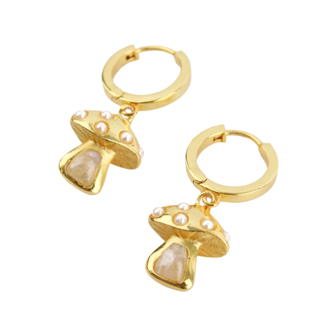 Gold Pearl Moonshine Mushroom hoop earrings by My Doris featuring rainbow moonstone and pearl accents.