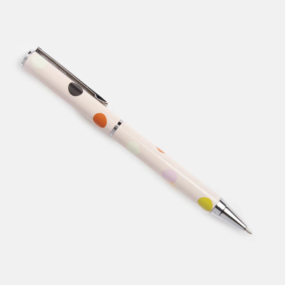 Pale pink Caroline Gardner dotty ballpoint pen with gold accents, perfect for gifting or everyday writing.