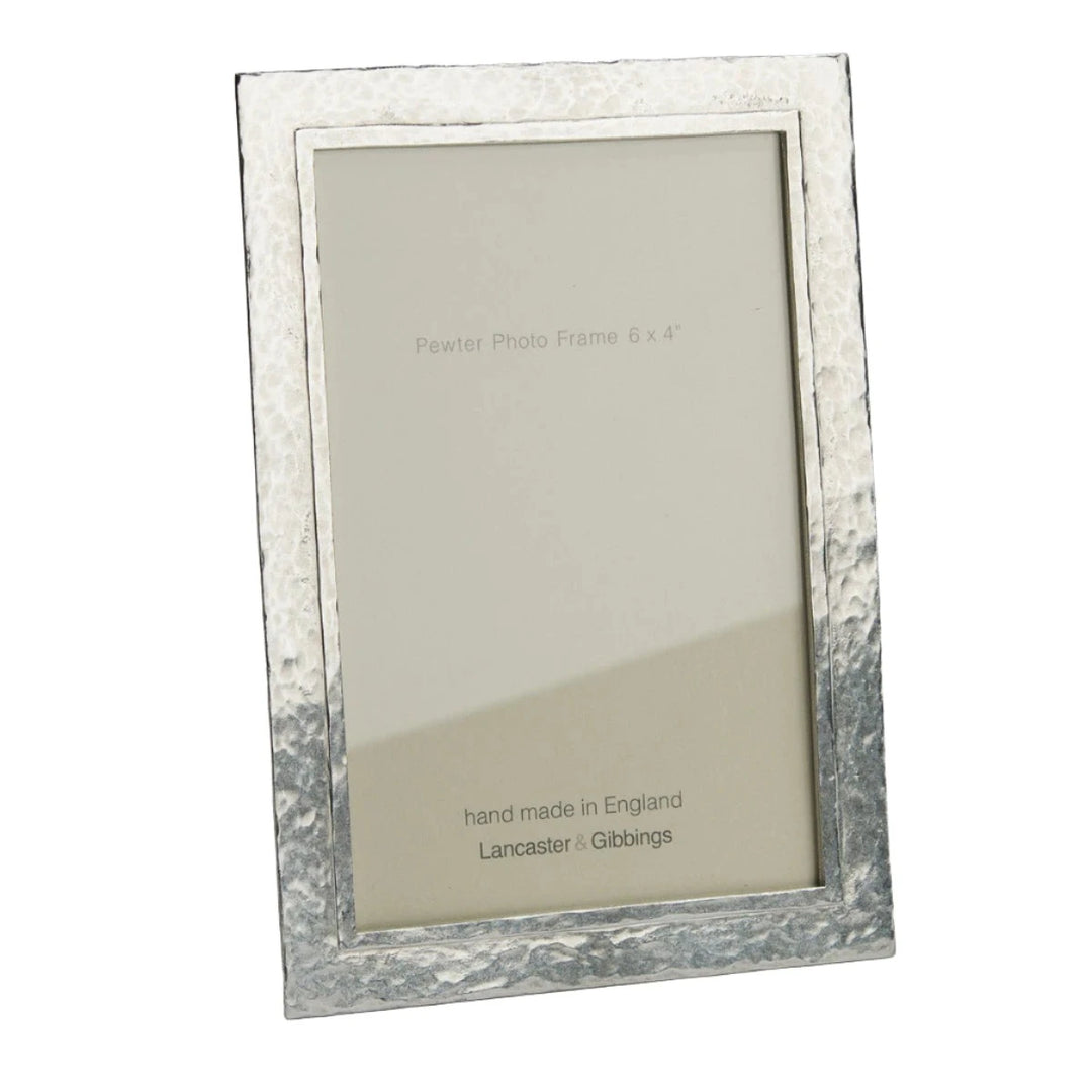 Handmade Lancaster and Gibbings Thurlestone pewter photo frame with engraved details, ideal for displaying cherished photos.
