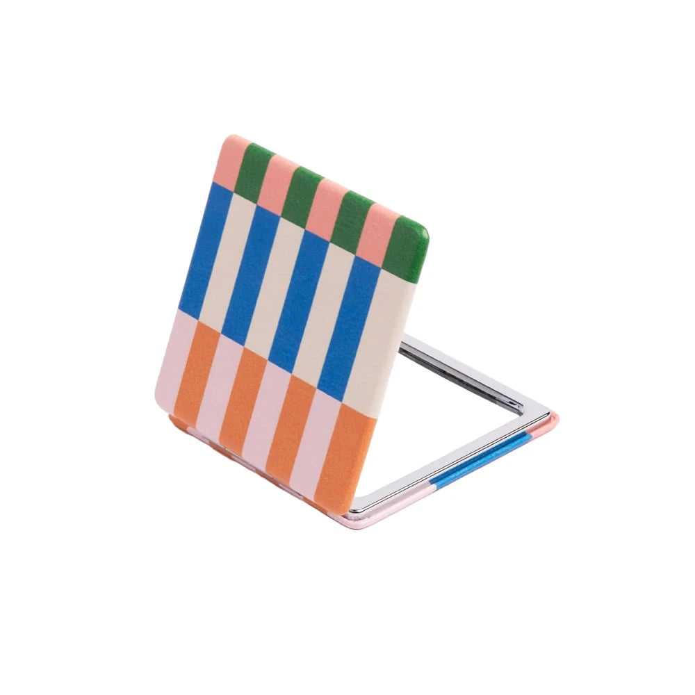 Caroline Gardner multi-striped square pocket mirror with a decorative design and compact size for on-the-go use.