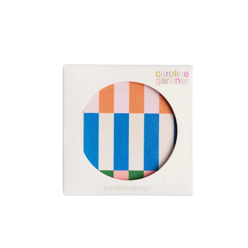 Caroline Gardner multi stripe square pocket mirror with a colorful striped design and compact size for easy portability.