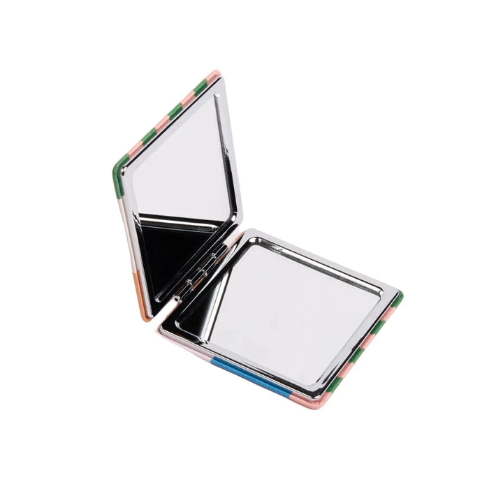 Caroline Gardner multi stripe square pocket mirror with a decorative design and compact size for easy portability.