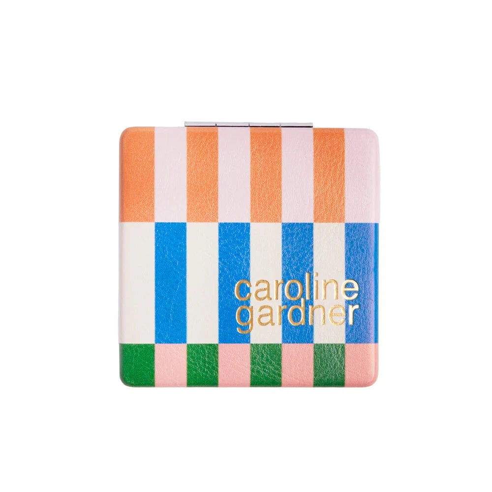 Caroline Gardner multi-striped square pocket mirror with a compact design, featuring colorful stripe patterns and a small pocket size.